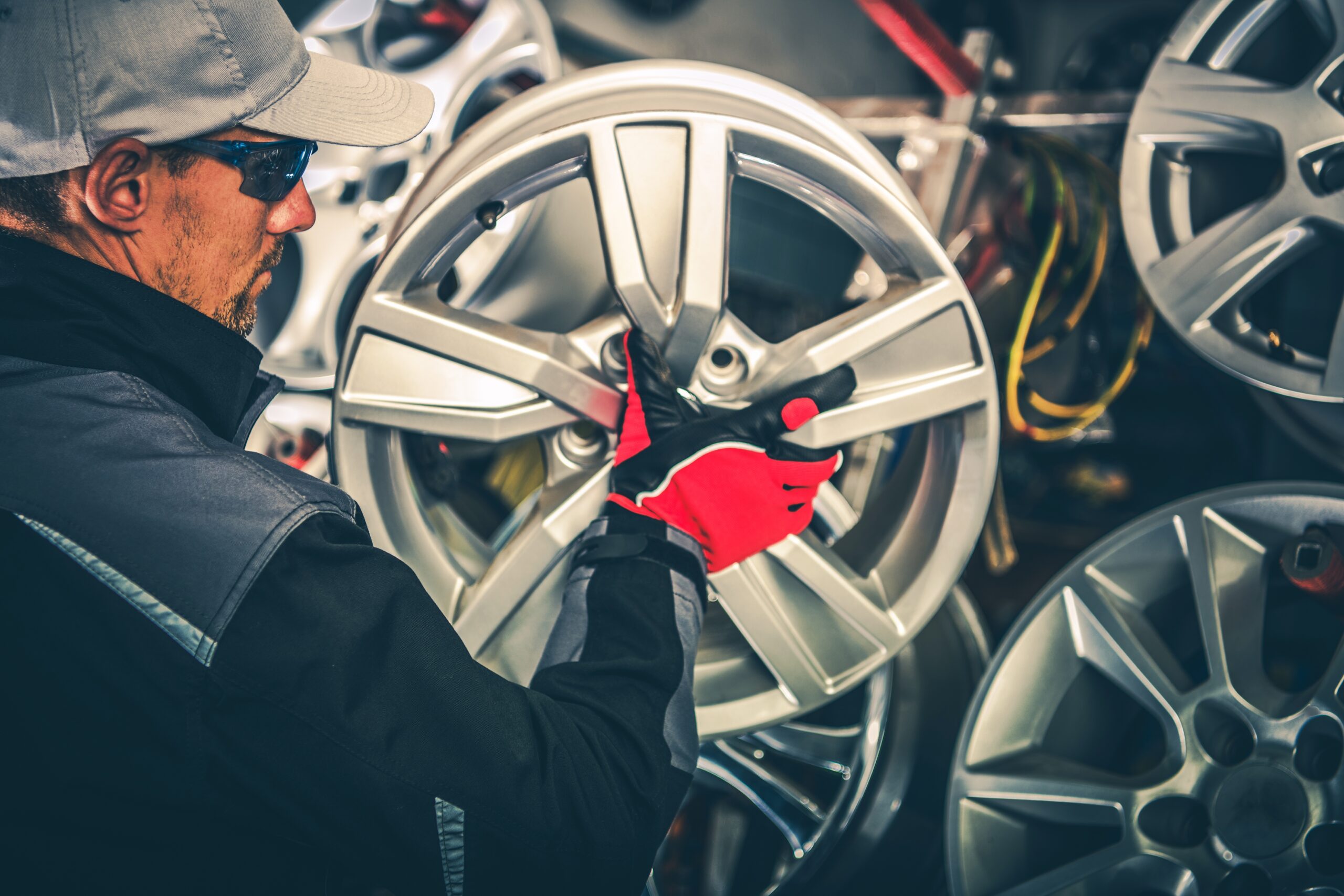 Buying New Alloy Wheels and Seasonal Tires Change Concept Photo. Caucasian Car Service Worker with Large Rim in Hands.
